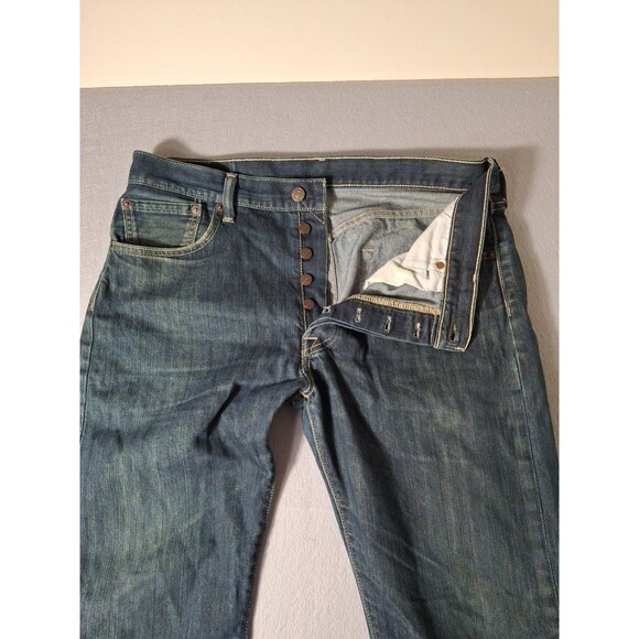 LEVI'S 501 Button Fly Jeans Mens 34-32 Dark Wash Distressed Cowboy EUC - Picture 8 of 15